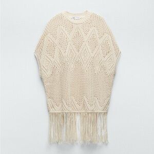 Zara Cream Fringe Open Knit Sweater